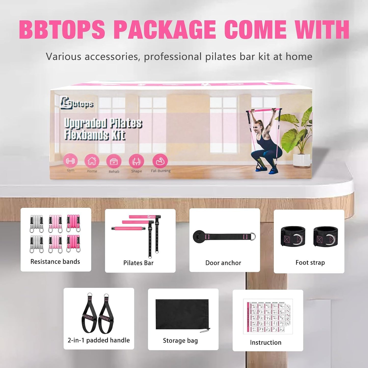 Bbtops Pilates Bar Kit with Resistance Bands,Pilates Bar with Stackable Bands Workout Equipment for Legs,Hip,Waist and Arm,Exercise Fitness Equipment for Women & Men