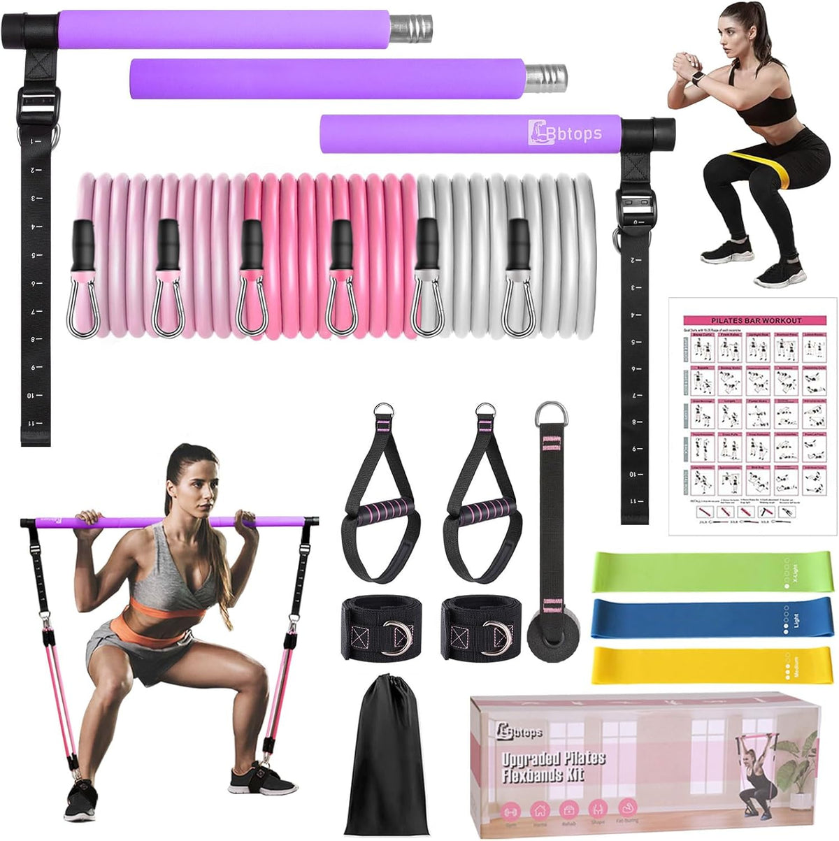 Bbtops Pilates Bar Kit with Resistance Bands,Pilates Bar with Stackable Bands Workout Equipment for Legs,Hip,Waist and Arm,Exercise Fitness Equipment for Women & Men