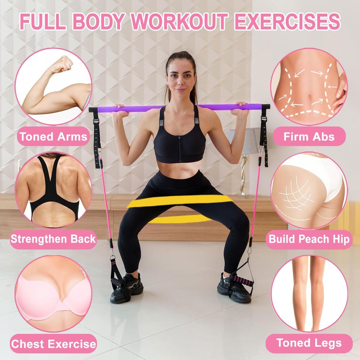 Bbtops Pilates Bar Kit with Resistance Bands,Pilates Bar with Stackable Bands Workout Equipment for Legs,Hip,Waist and Arm,Exercise Fitness Equipment for Women & Men