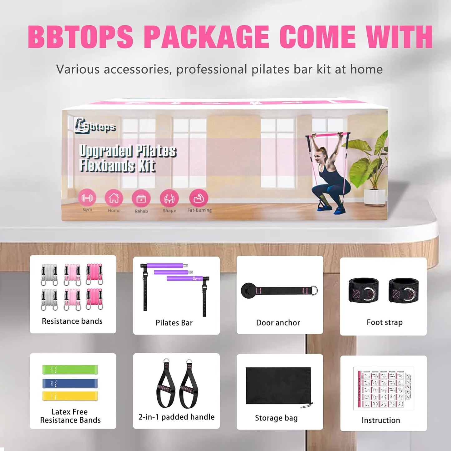 Bbtops Pilates Bar Kit with Resistance Bands,Pilates Bar with Stackable Bands Workout Equipment for Legs,Hip,Waist and Arm,Exercise Fitness Equipment for Women & Men