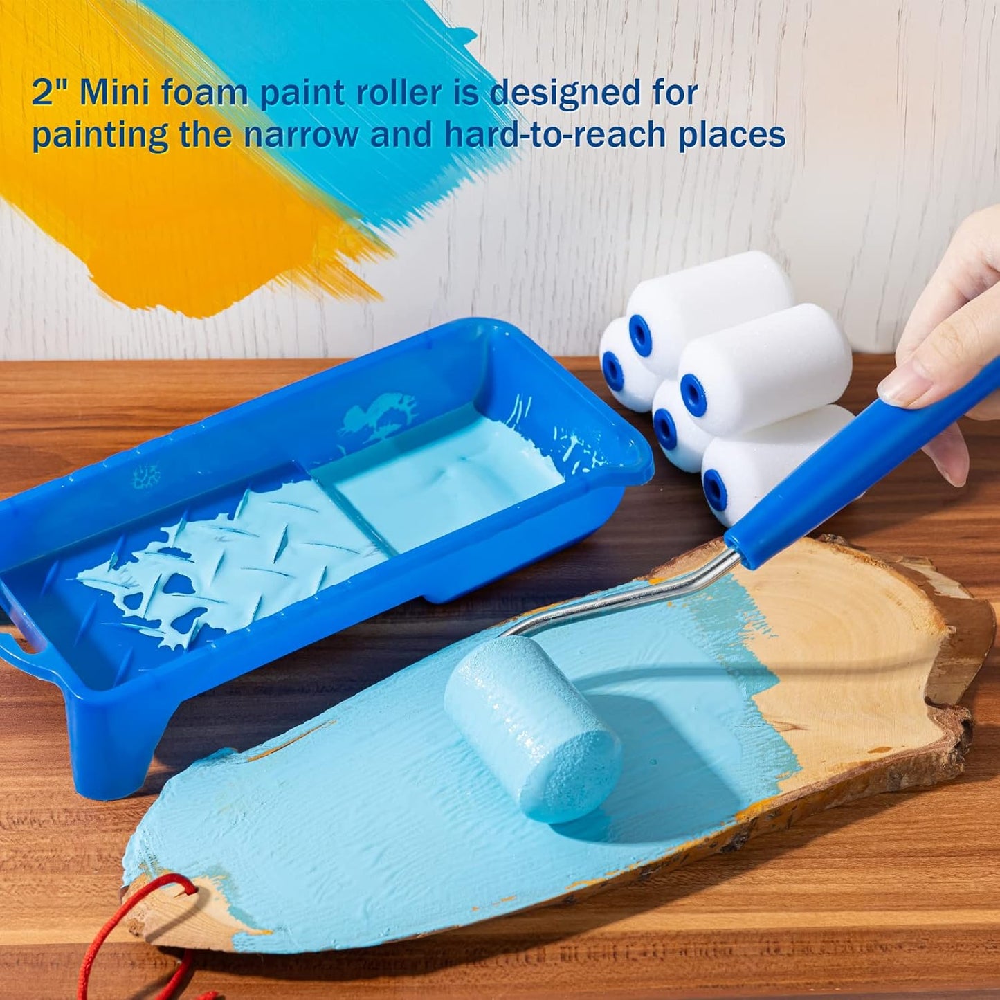 4 Inch Foam Paint Roller Kit, 8 Pack - Mini Roller Set with 4” Small Roller Covers, Frame, Tray & Liner for Smooth Painting on Walls, Trim, Furniture, Home DIY Projects