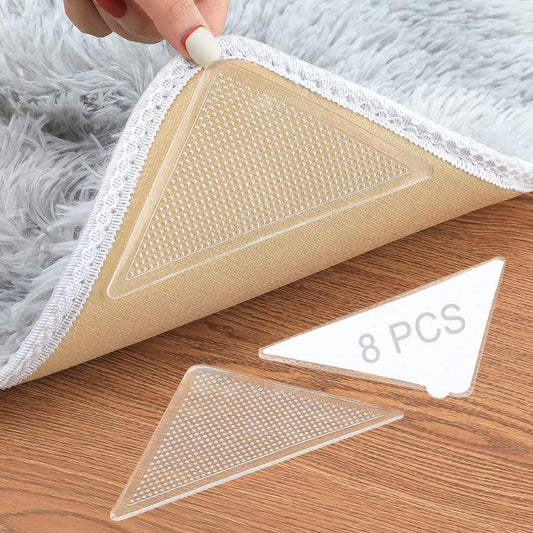 Rug Pad, Triangle Anti Slip and Non Curling Rug Pad, Keep Rug in Place, Protect Floor - Washable and Reusable Non-Trace Removable Rug Tape for Hardwood Floor (Clear, 8 pcs)