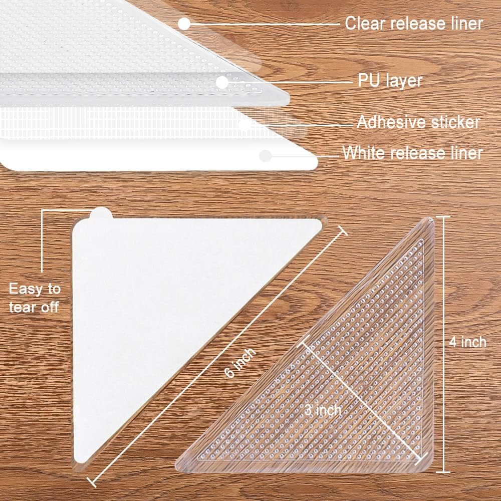 Rug Pad, Triangle Anti Slip and Non Curling Rug Pad, Keep Rug in Place, Protect Floor - Washable and Reusable Non-Trace Removable Rug Tape for Hardwood Floor (Clear, 8 pcs)