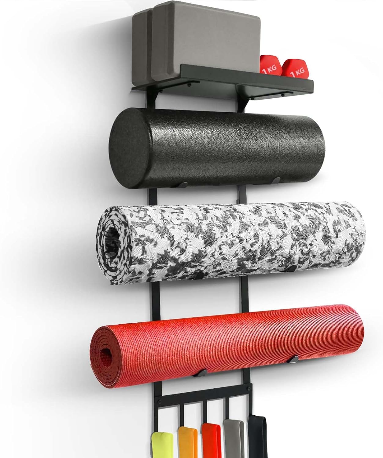 Yoga Mat Holder Wall Mount, Home Gym Storage Rack with Top Floating Shelf, 4-Tiers Holding Yoga Mat/ Blocks/ Rollers and Decorations, 5 Hooks for Resistance Bands, Skipping-Rope, Small Gym Equipment