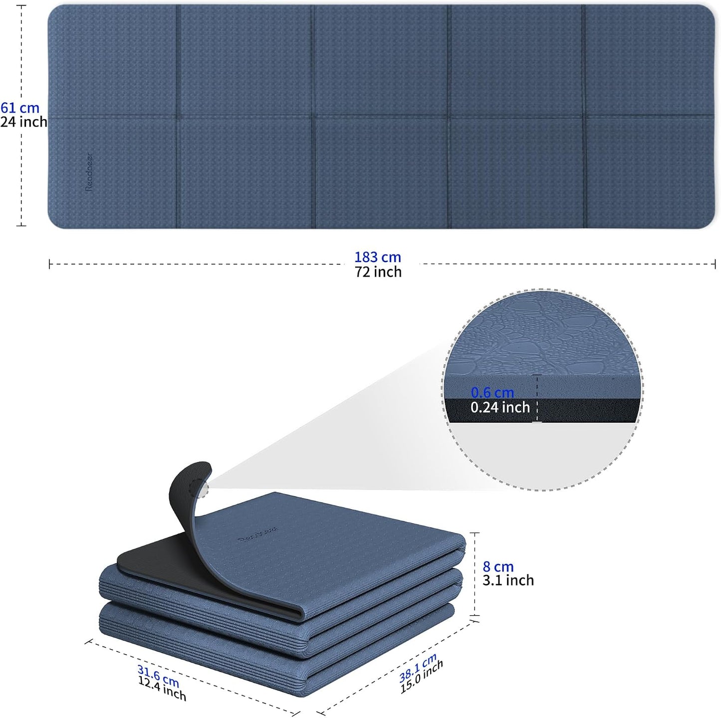 Foldable Yoga Mat for Travel Folding Yoga Mat 6mm Thick with Carrying Bag, Non-Slip TPE Exercise Pilates Mat for 72" L x 24" W x 0.24 Inch