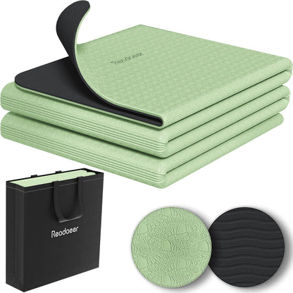 Foldable Yoga Mat for Travel Folding Yoga Mat 6mm Thick with Carrying Bag, Non-Slip TPE Exercise Pilates Mat for 72" L x 24" W x 0.24 Inch