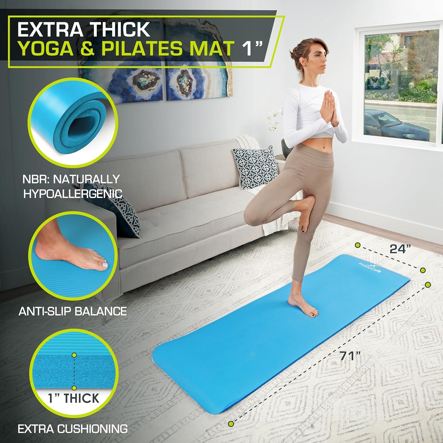 Extra Thick Yoga and Pilates Mat 1/2” (13mm) or 1" (25mm), 71-inch Long High Density Exercise Mat with Comfort Foam and Carrying Strap