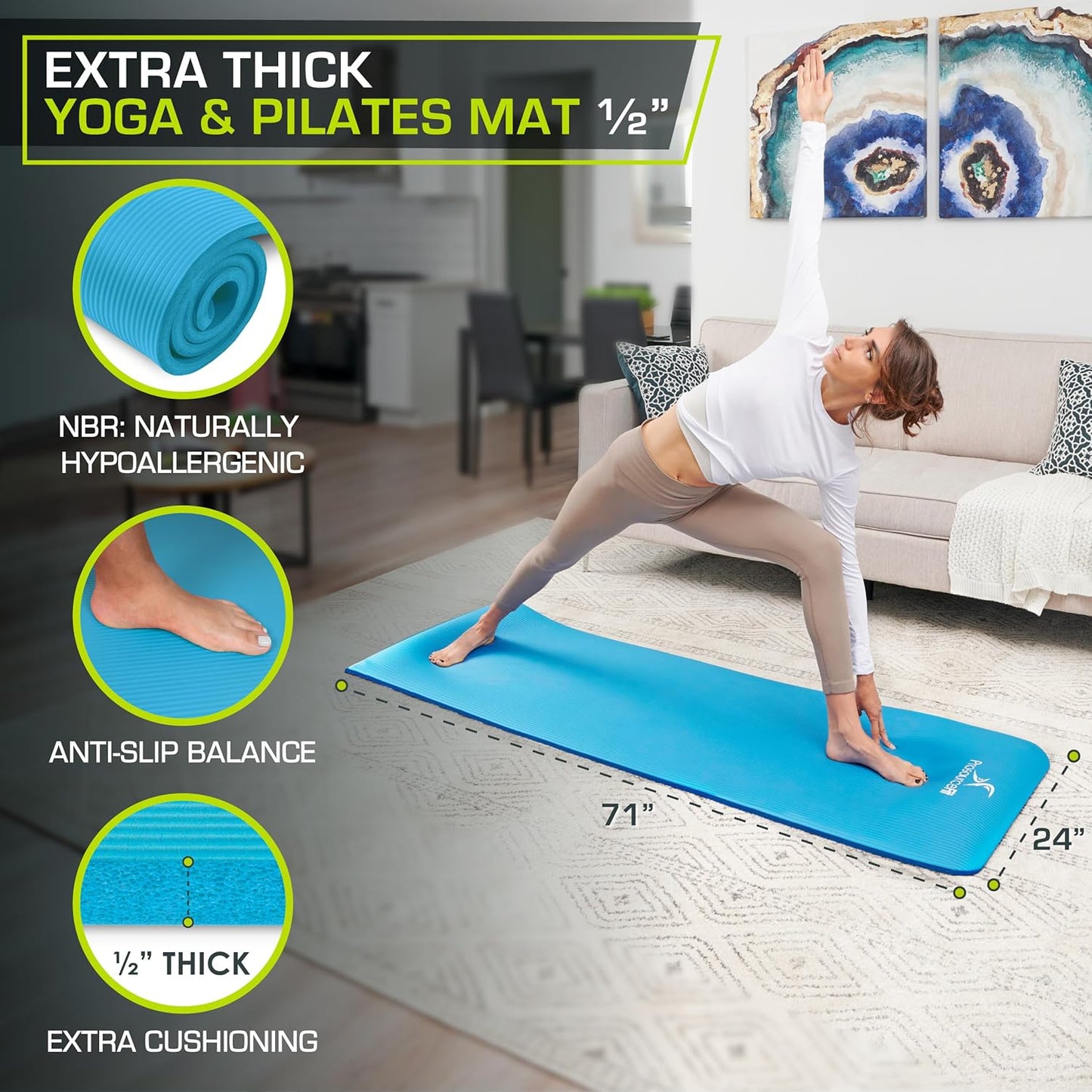 Extra Thick Yoga and Pilates Mat 1/2” (13mm) or 1" (25mm), 71-inch Long High Density Exercise Mat with Comfort Foam and Carrying Strap