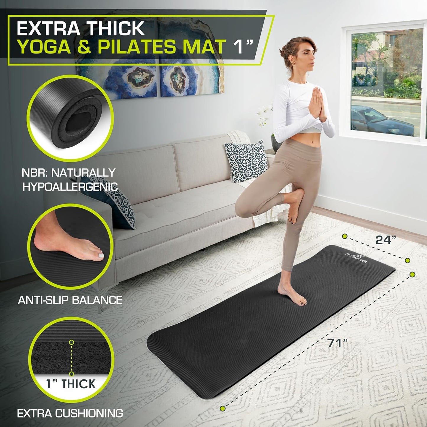 Extra Thick Yoga and Pilates Mat 1/2” (13mm) or 1" (25mm), 71-inch Long High Density Exercise Mat with Comfort Foam and Carrying Strap