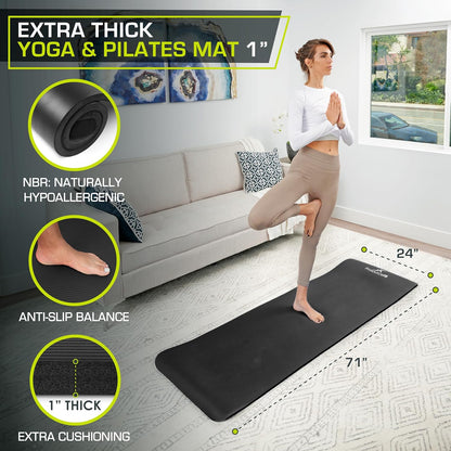 Extra Thick Yoga and Pilates Mat 1/2” (13mm) or 1" (25mm), 71-inch Long High Density Exercise Mat with Comfort Foam and Carrying Strap