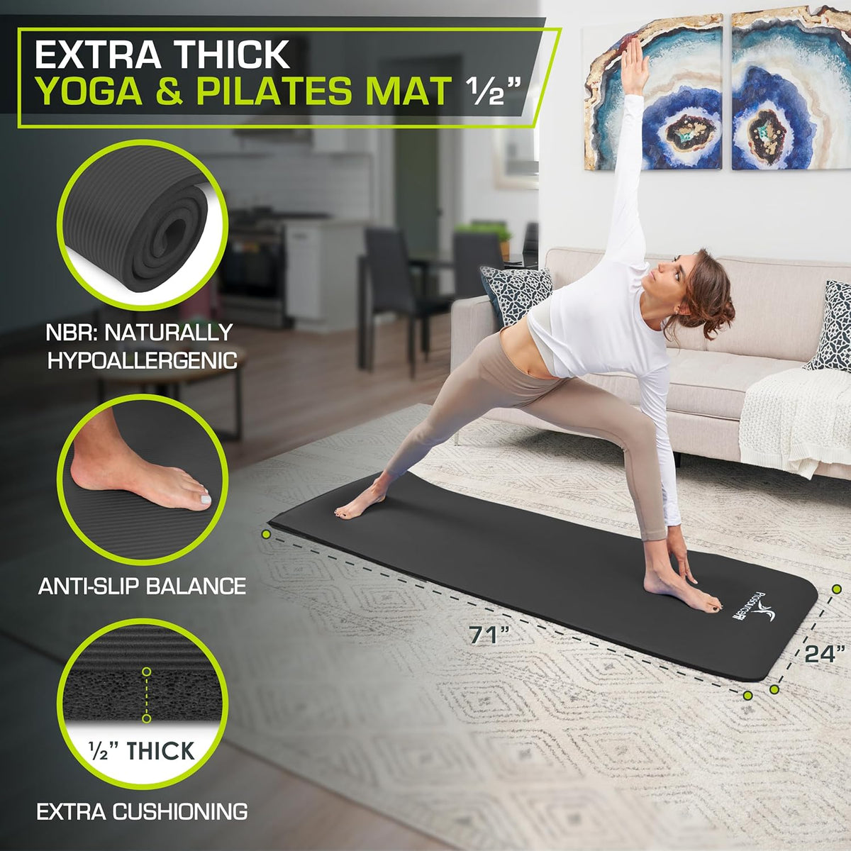 Extra Thick Yoga and Pilates Mat 1/2” (13mm) or 1" (25mm), 71-inch Long High Density Exercise Mat with Comfort Foam and Carrying Strap