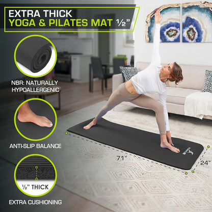 Extra Thick Yoga and Pilates Mat 1/2” (13mm) or 1" (25mm), 71-inch Long High Density Exercise Mat with Comfort Foam and Carrying Strap