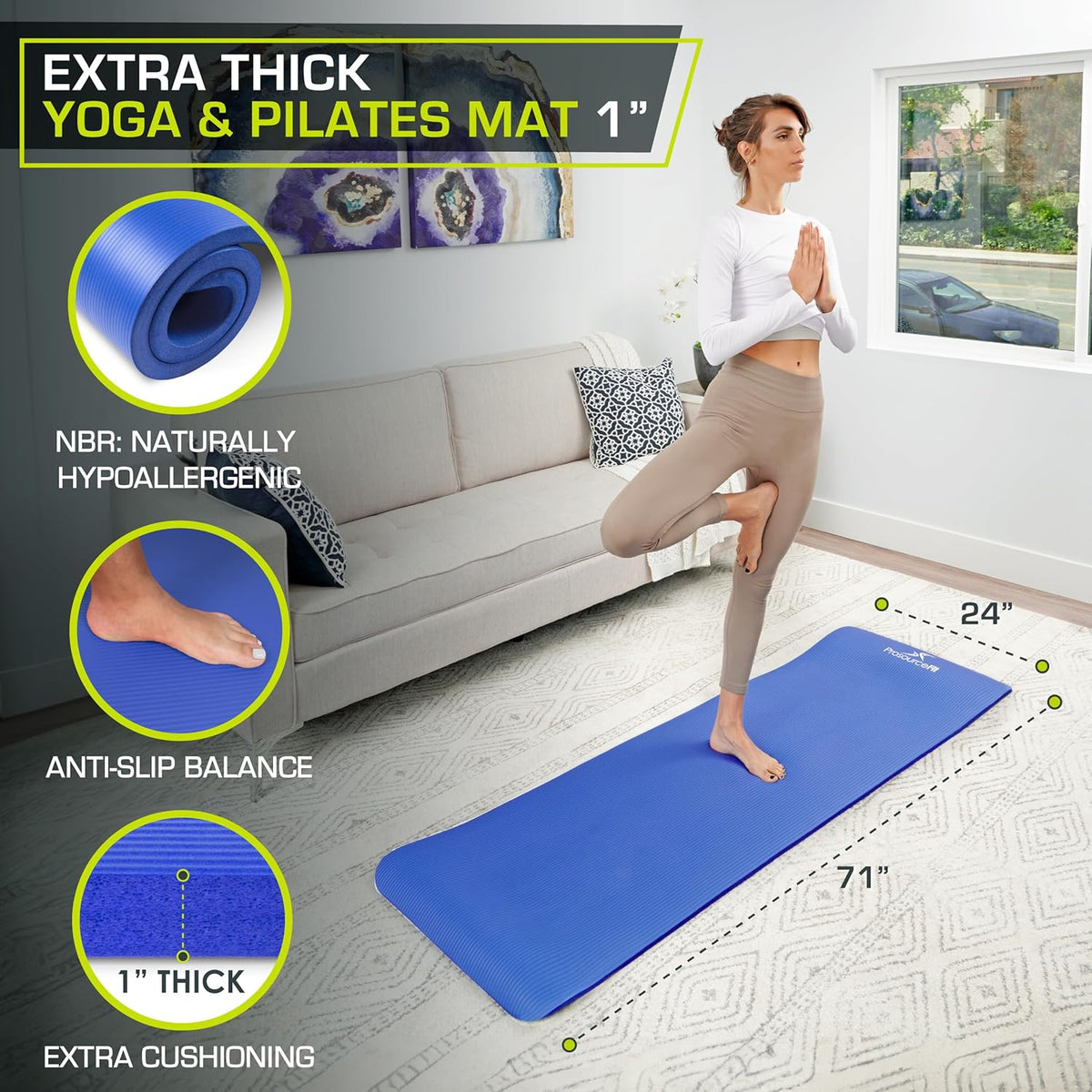 Extra Thick Yoga and Pilates Mat 1/2” (13mm) or 1" (25mm), 71-inch Long High Density Exercise Mat with Comfort Foam and Carrying Strap