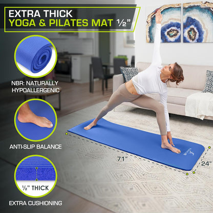 Extra Thick Yoga and Pilates Mat 1/2” (13mm) or 1" (25mm), 71-inch Long High Density Exercise Mat with Comfort Foam and Carrying Strap