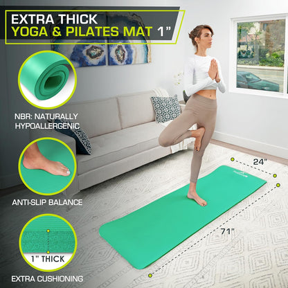Extra Thick Yoga and Pilates Mat 1/2” (13mm) or 1" (25mm), 71-inch Long High Density Exercise Mat with Comfort Foam and Carrying Strap