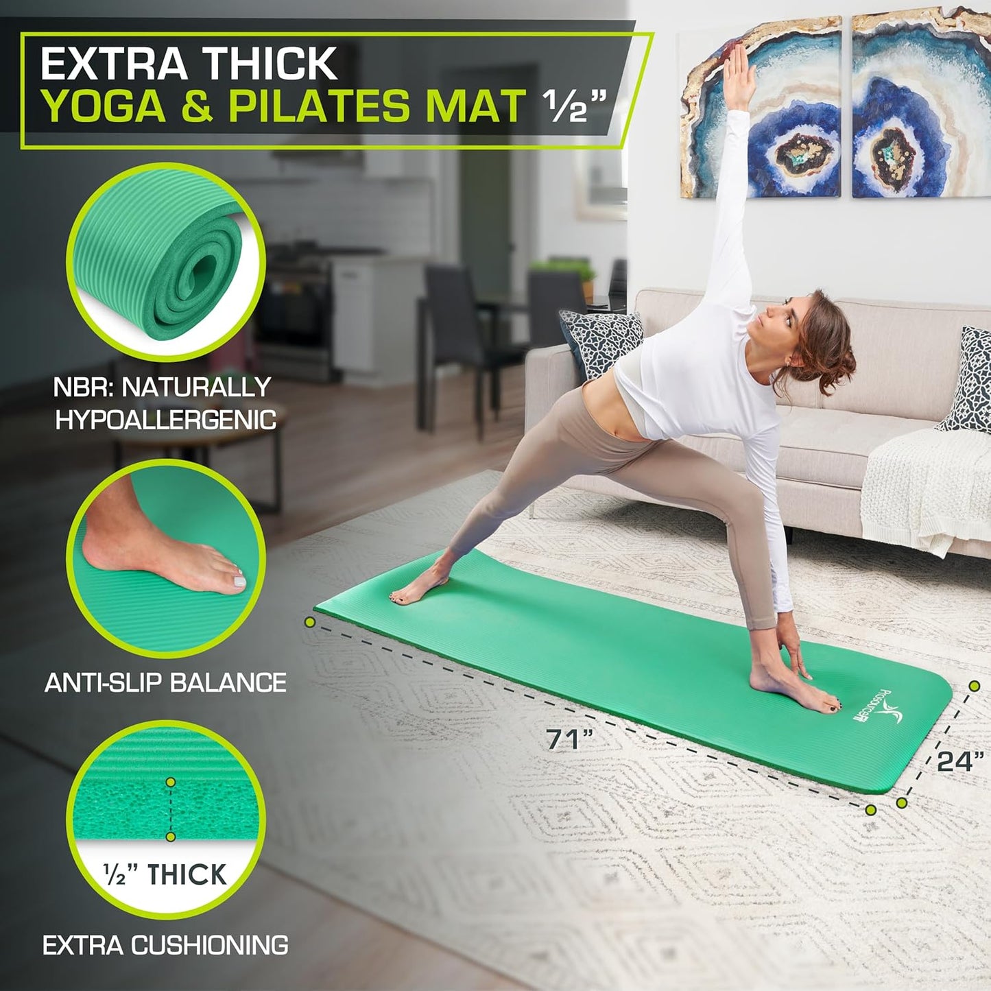 Extra Thick Yoga and Pilates Mat 1/2” (13mm) or 1" (25mm), 71-inch Long High Density Exercise Mat with Comfort Foam and Carrying Strap
