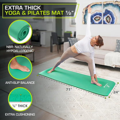 Extra Thick Yoga and Pilates Mat 1/2” (13mm) or 1" (25mm), 71-inch Long High Density Exercise Mat with Comfort Foam and Carrying Strap