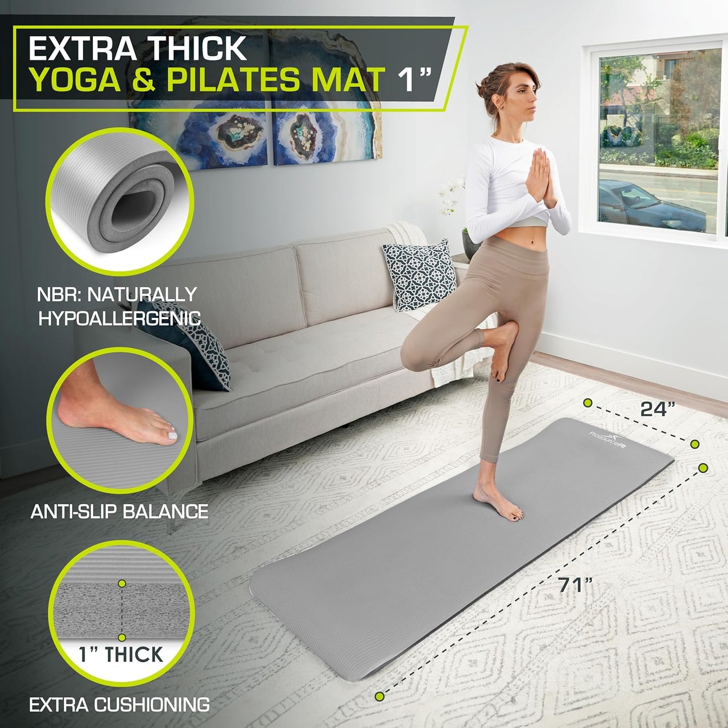 Extra Thick Yoga and Pilates Mat 1/2” (13mm) or 1" (25mm), 71-inch Long High Density Exercise Mat with Comfort Foam and Carrying Strap