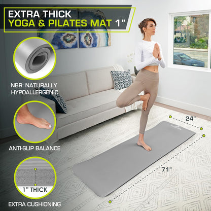 Extra Thick Yoga and Pilates Mat 1/2” (13mm) or 1" (25mm), 71-inch Long High Density Exercise Mat with Comfort Foam and Carrying Strap