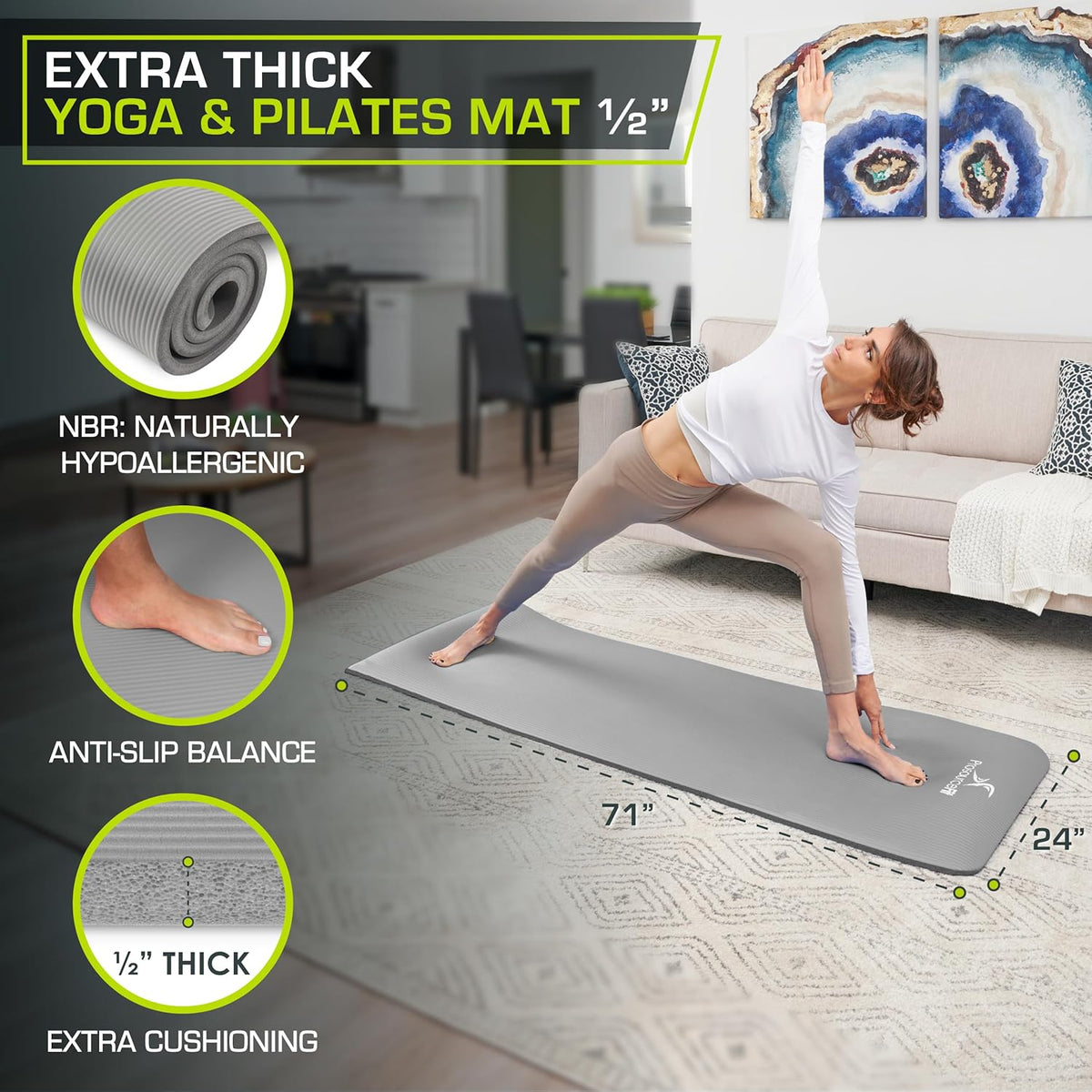 Extra Thick Yoga and Pilates Mat 1/2” (13mm) or 1" (25mm), 71-inch Long High Density Exercise Mat with Comfort Foam and Carrying Strap