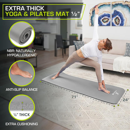 Extra Thick Yoga and Pilates Mat 1/2” (13mm) or 1" (25mm), 71-inch Long High Density Exercise Mat with Comfort Foam and Carrying Strap
