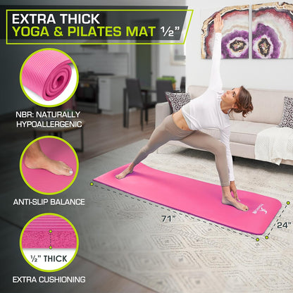 Extra Thick Yoga and Pilates Mat 1/2” (13mm) or 1" (25mm), 71-inch Long High Density Exercise Mat with Comfort Foam and Carrying Strap