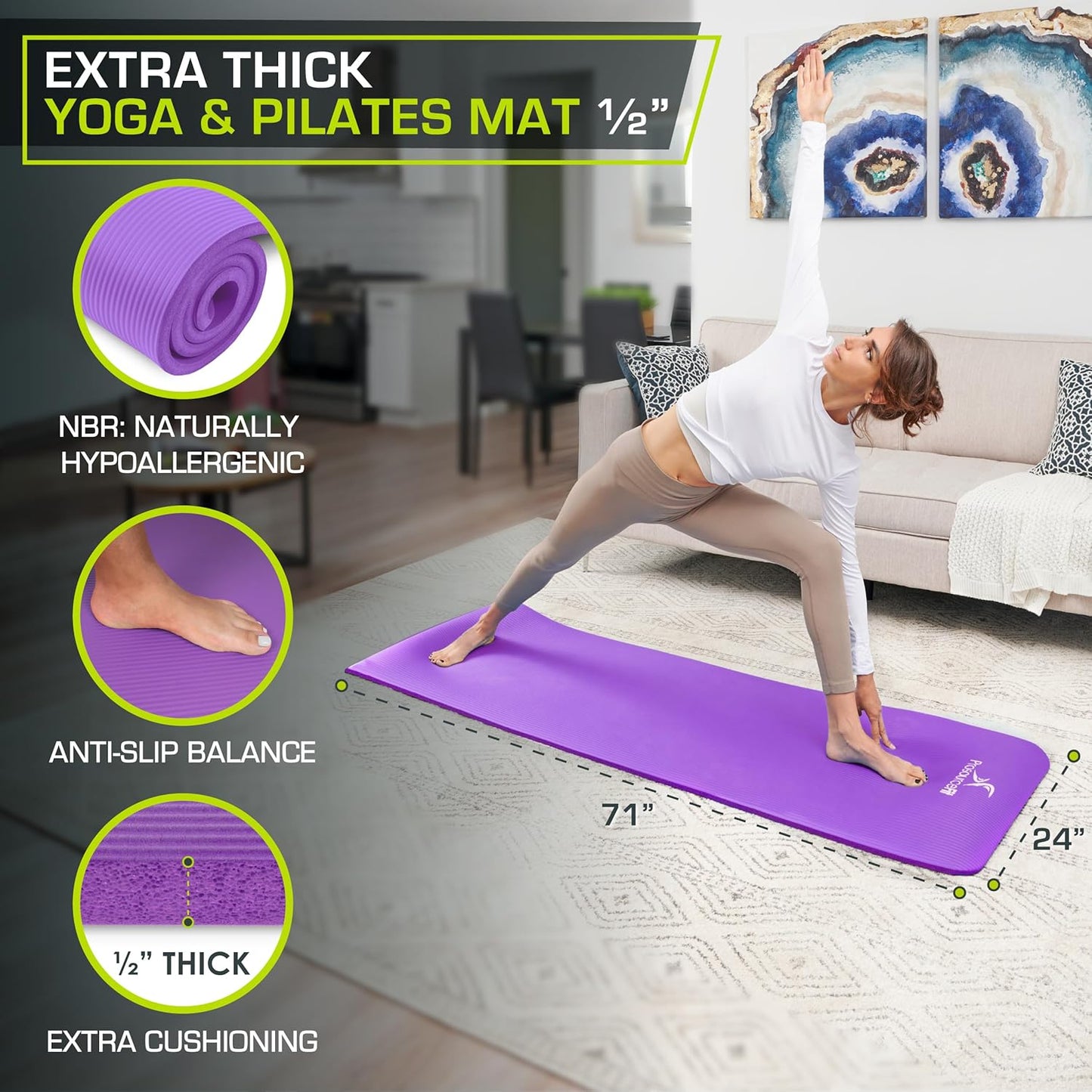 Extra Thick Yoga and Pilates Mat 1/2” (13mm) or 1" (25mm), 71-inch Long High Density Exercise Mat with Comfort Foam and Carrying Strap