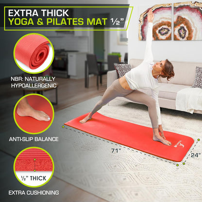 Extra Thick Yoga and Pilates Mat 1/2” (13mm) or 1" (25mm), 71-inch Long High Density Exercise Mat with Comfort Foam and Carrying Strap