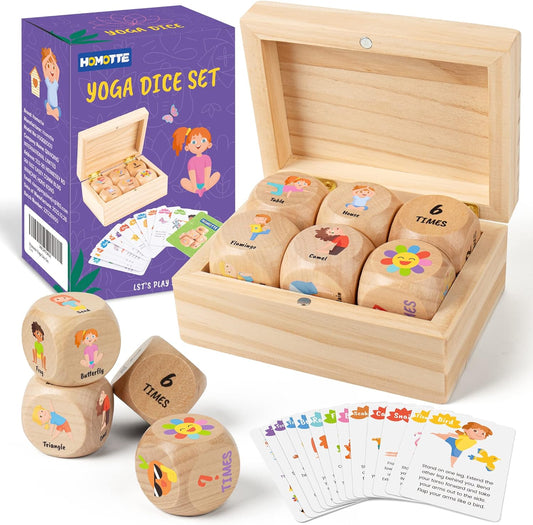 Homotte Wooden Yoga Dice Set for Kids Fun Workout Game | Including 6 Exercise Dice, 12 Yoga Cards & A Box, Mindfulness Yoga Set for Girls & Beginners