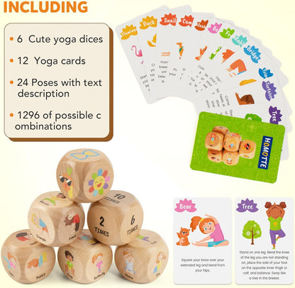 Homotte Wooden Yoga Dice Set for Kids Fun Workout Game | Including 6 Exercise Dice, 12 Yoga Cards & A Box, Mindfulness Yoga Set for Girls & Beginners