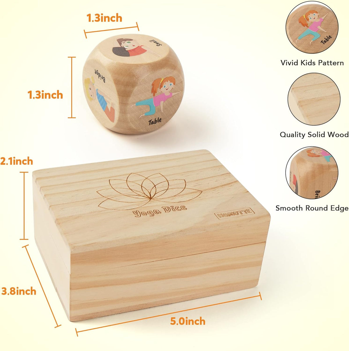 Homotte Wooden Yoga Dice Set for Kids Fun Workout Game | Including 6 Exercise Dice, 12 Yoga Cards & A Box, Mindfulness Yoga Set for Girls & Beginners