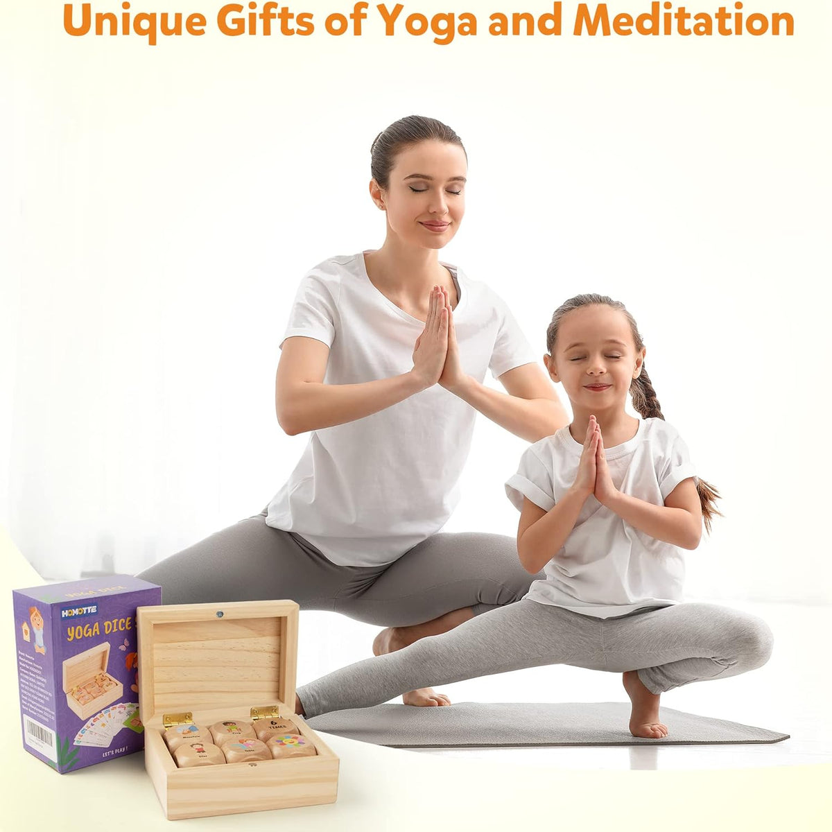 Homotte Wooden Yoga Dice Set for Kids Fun Workout Game | Including 6 Exercise Dice, 12 Yoga Cards & A Box, Mindfulness Yoga Set for Girls & Beginners