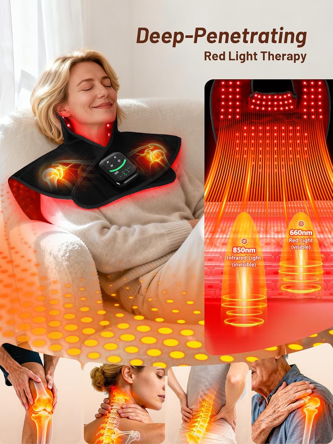 Cordless Red Light Therapy for Neck Shoulder with Heat & Massage, 5000mAh Controller 118LEDs 3-in-1 Chip 660nm&850nm Infrared Light Therapy Pad for Body Home Outdoor Use