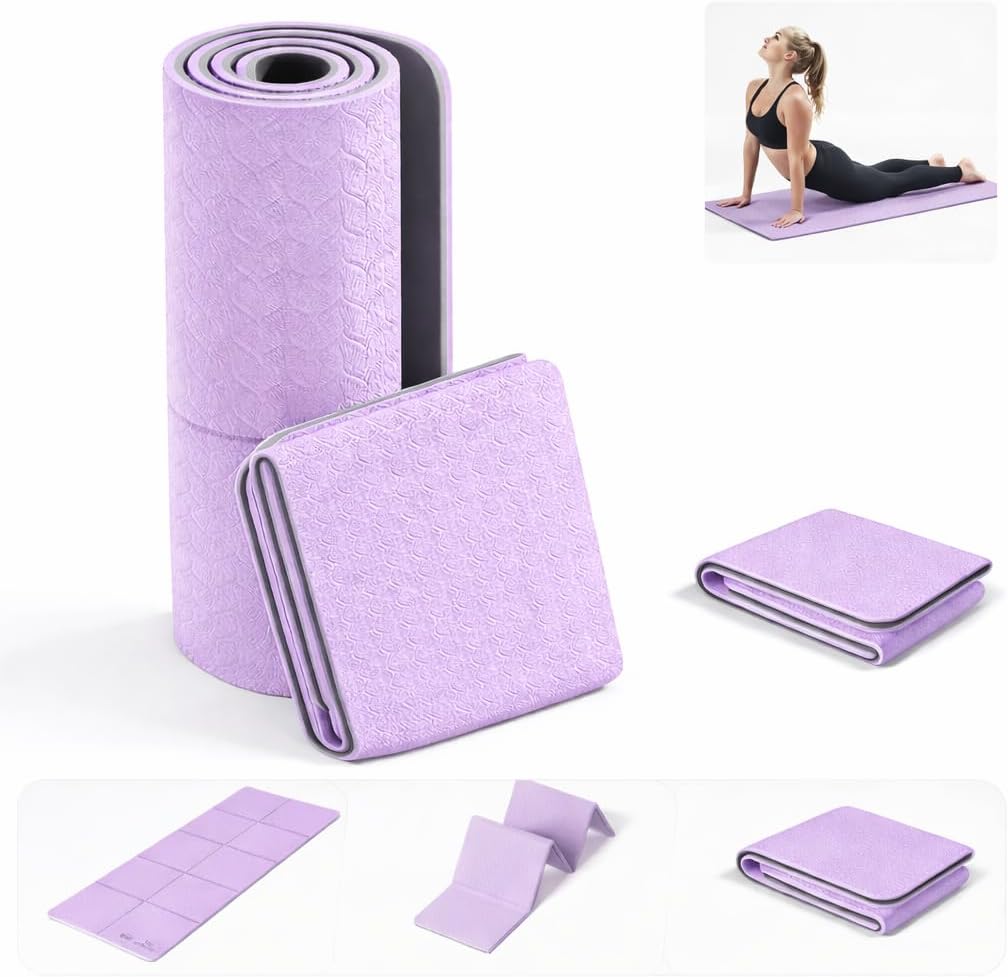 Foldable Travel Yoga Mat, 72"x32"x0.32" Extra Wide 8mm Thick Non-Slip Exercise Mat for Yoga, Pilates & Fitness-Purple