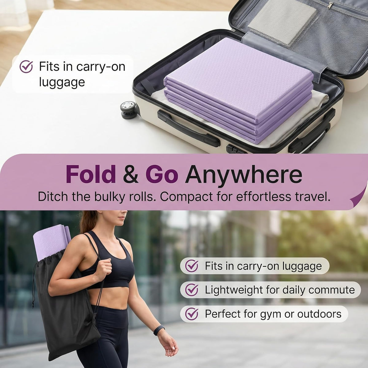 Foldable Travel Yoga Mat, 72"x32"x0.32" Extra Wide 8mm Thick Non-Slip Exercise Mat for Yoga, Pilates & Fitness-Purple