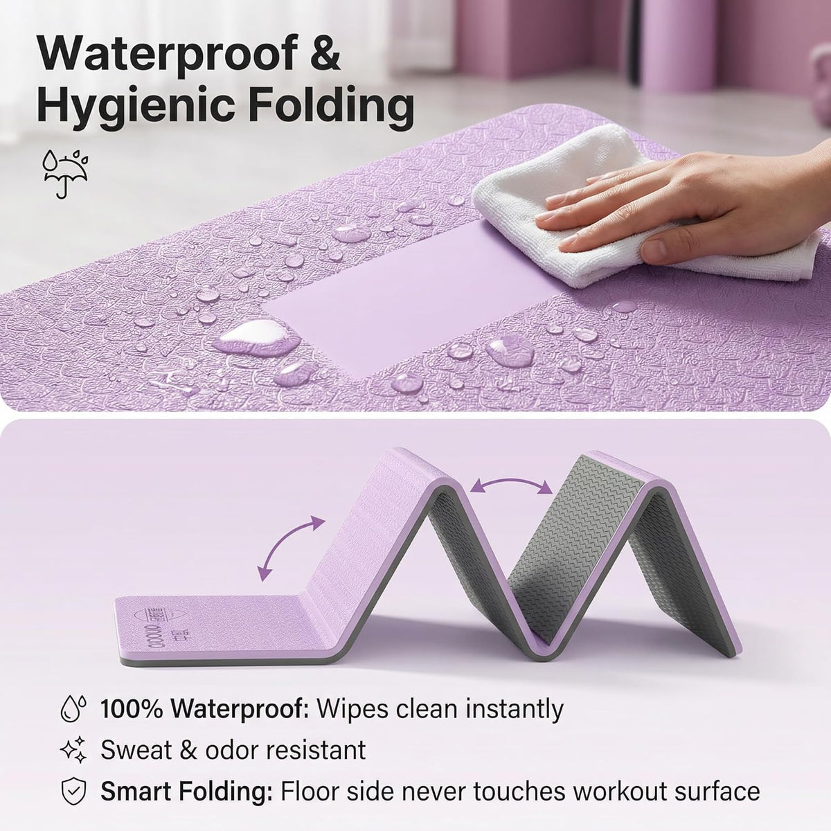 Foldable Travel Yoga Mat, 72"x32"x0.32" Extra Wide 8mm Thick Non-Slip Exercise Mat for Yoga, Pilates & Fitness-Purple