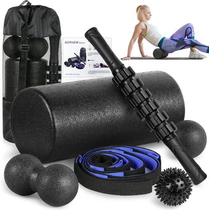 Foam Roller Set - High Density Back Roller, Muscle Roller Stick | Foot Fasciitis Ball, Stretching Strap, Massager Ball for Whole Body Physical Therapy & Exercise, Back Pain, Leg, Deep Tissue