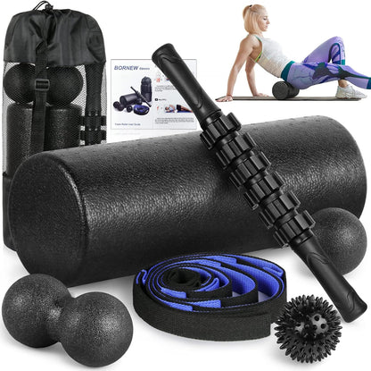 Foam Roller Set - High Density Back Roller, Muscle Roller Stick | Foot Fasciitis Ball, Stretching Strap, Massager Ball for Whole Body Physical Therapy & Exercise, Back Pain, Leg, Deep Tissue