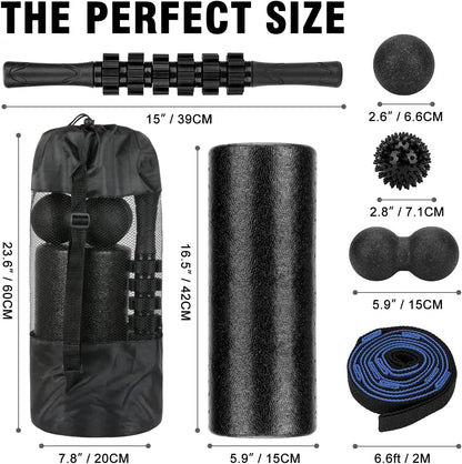 Foam Roller Set - High Density Back Roller, Muscle Roller Stick | Foot Fasciitis Ball, Stretching Strap, Massager Ball for Whole Body Physical Therapy & Exercise, Back Pain, Leg, Deep Tissue