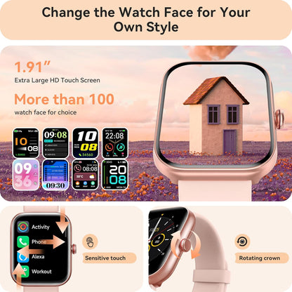 Smart Watch for Women Men, Smartwatch for iPhone & Android Bluetooth (Answer/Call) Built-in Alexa, 1.91" HD Fitness Tracker with 105+ Sport Modes, IP68 Waterproof, Sleep/Heart Rate/SpO2/Stress Monitor