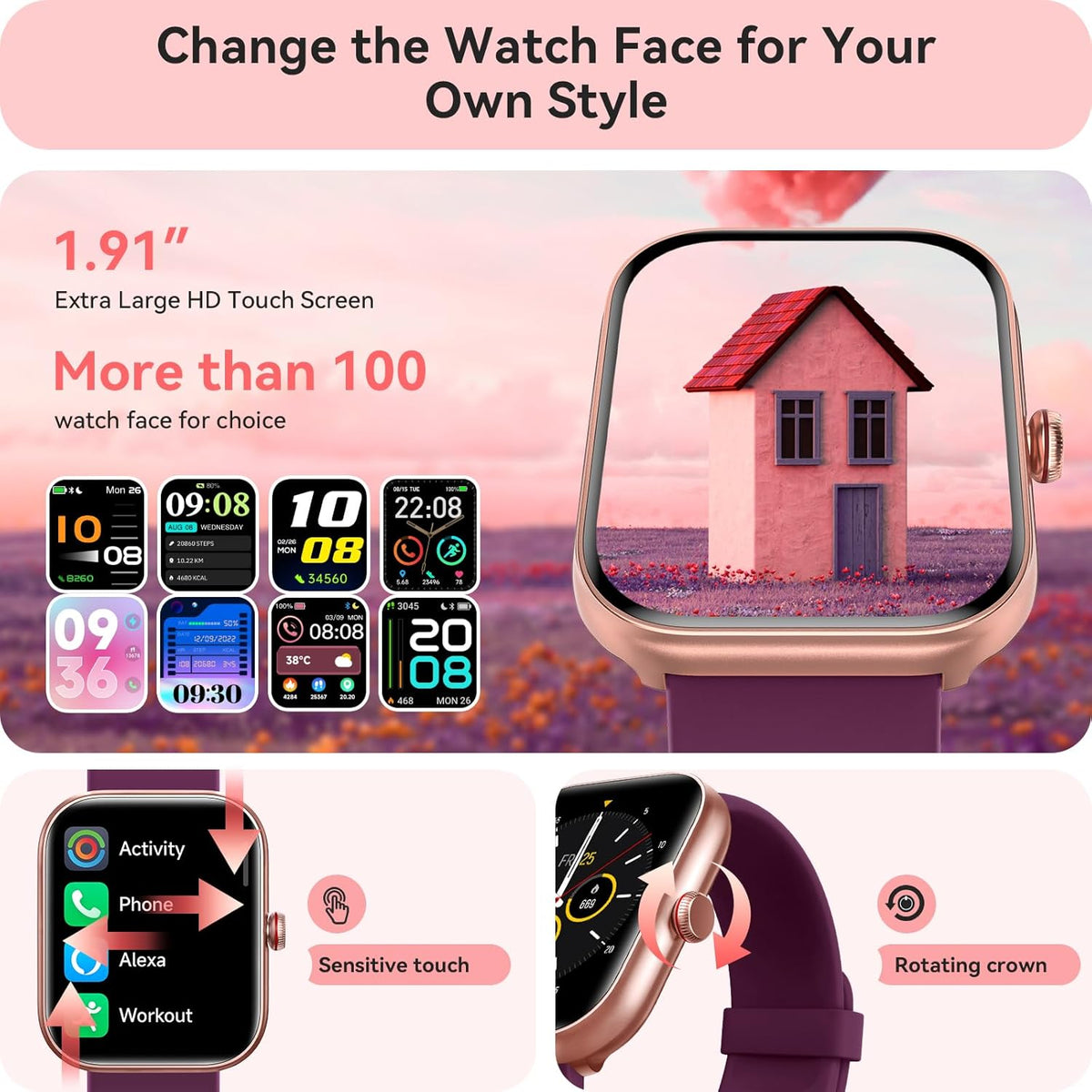 Smart Watch for Women Men, Smartwatch for iPhone & Android Bluetooth (Answer/Call) Built-in Alexa, 1.91" HD Fitness Tracker with 105+ Sport Modes, IP68 Waterproof, Sleep/Heart Rate/SpO2/Stress Monitor