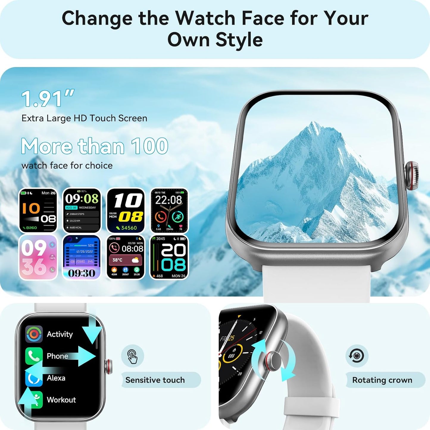 Smart Watch for Women Men, Smartwatch for iPhone & Android Bluetooth (Answer/Call) Built-in Alexa, 1.91" HD Fitness Tracker with 105+ Sport Modes, IP68 Waterproof, Sleep/Heart Rate/SpO2/Stress Monitor