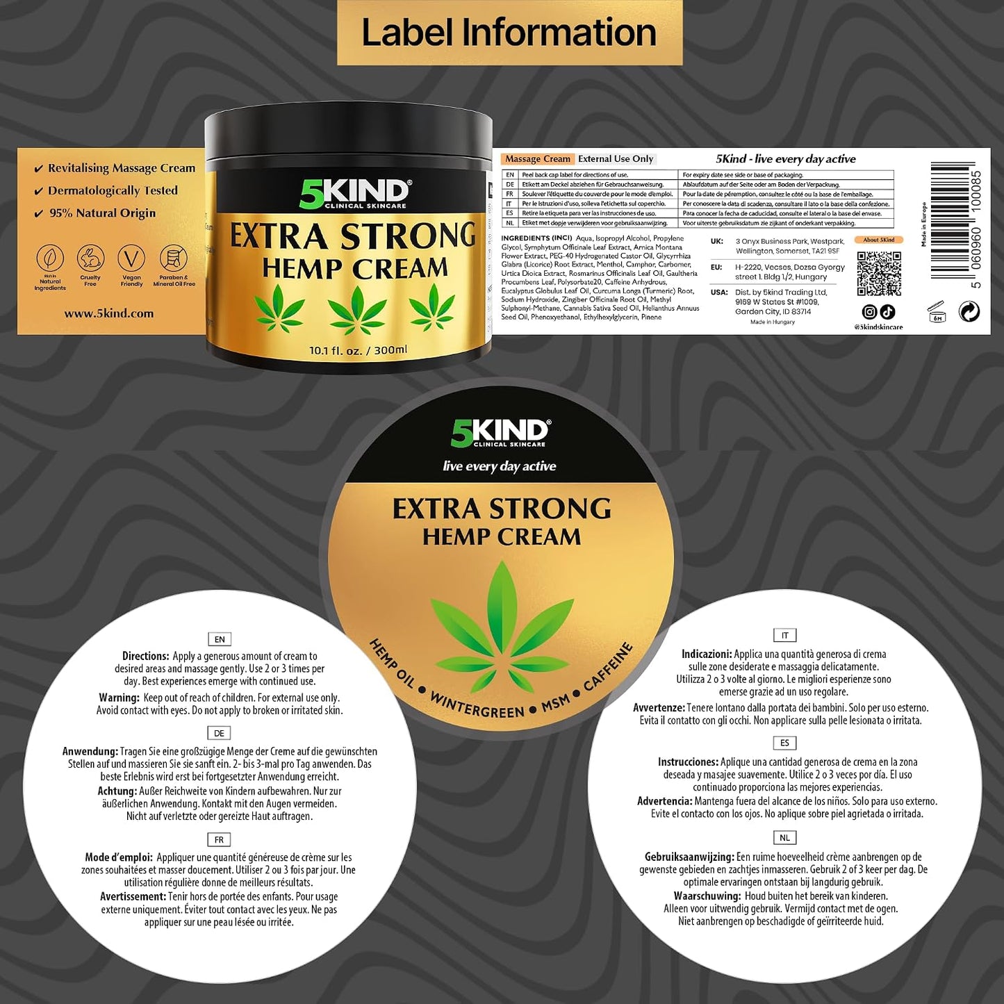 5Kind Extra Strong Hemp Cream 10.1 fl oz - Maximum Strength