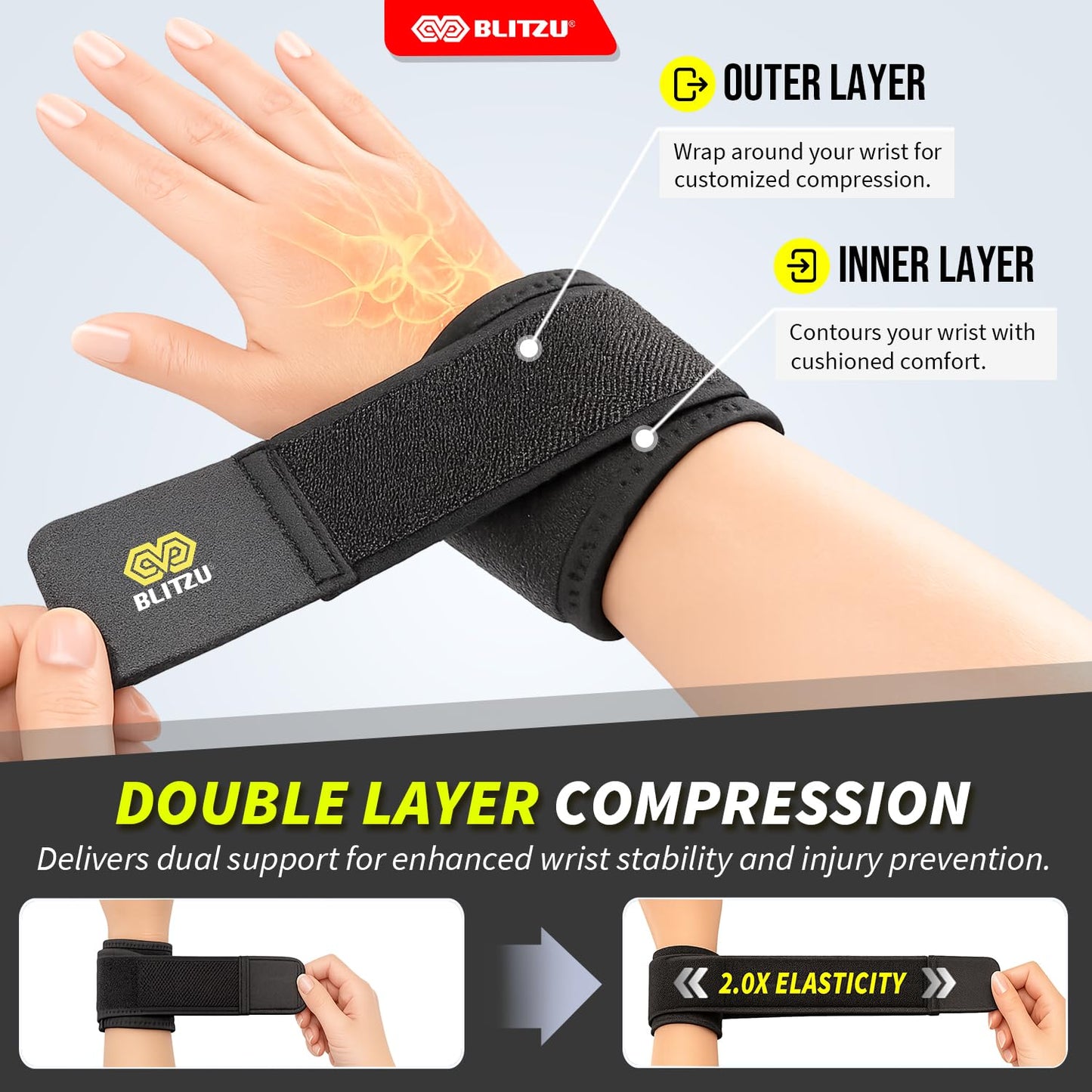 2 Pack Wrist Wraps, Carpal Tunnel Wrist Brace for Women and Men, Breathable Adjustable Compression Wrist Support for All-Day Wear, Wrist Bands for Work, Fitness, Weightlifting, Gym Workout