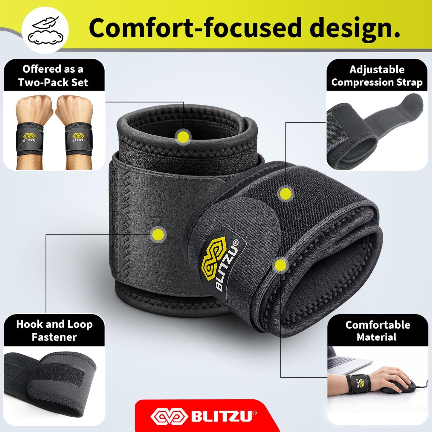 2 Pack Wrist Wraps, Carpal Tunnel Wrist Brace for Women and Men, Breathable Adjustable Compression Wrist Support for All-Day Wear, Wrist Bands for Work, Fitness, Weightlifting, Gym Workout