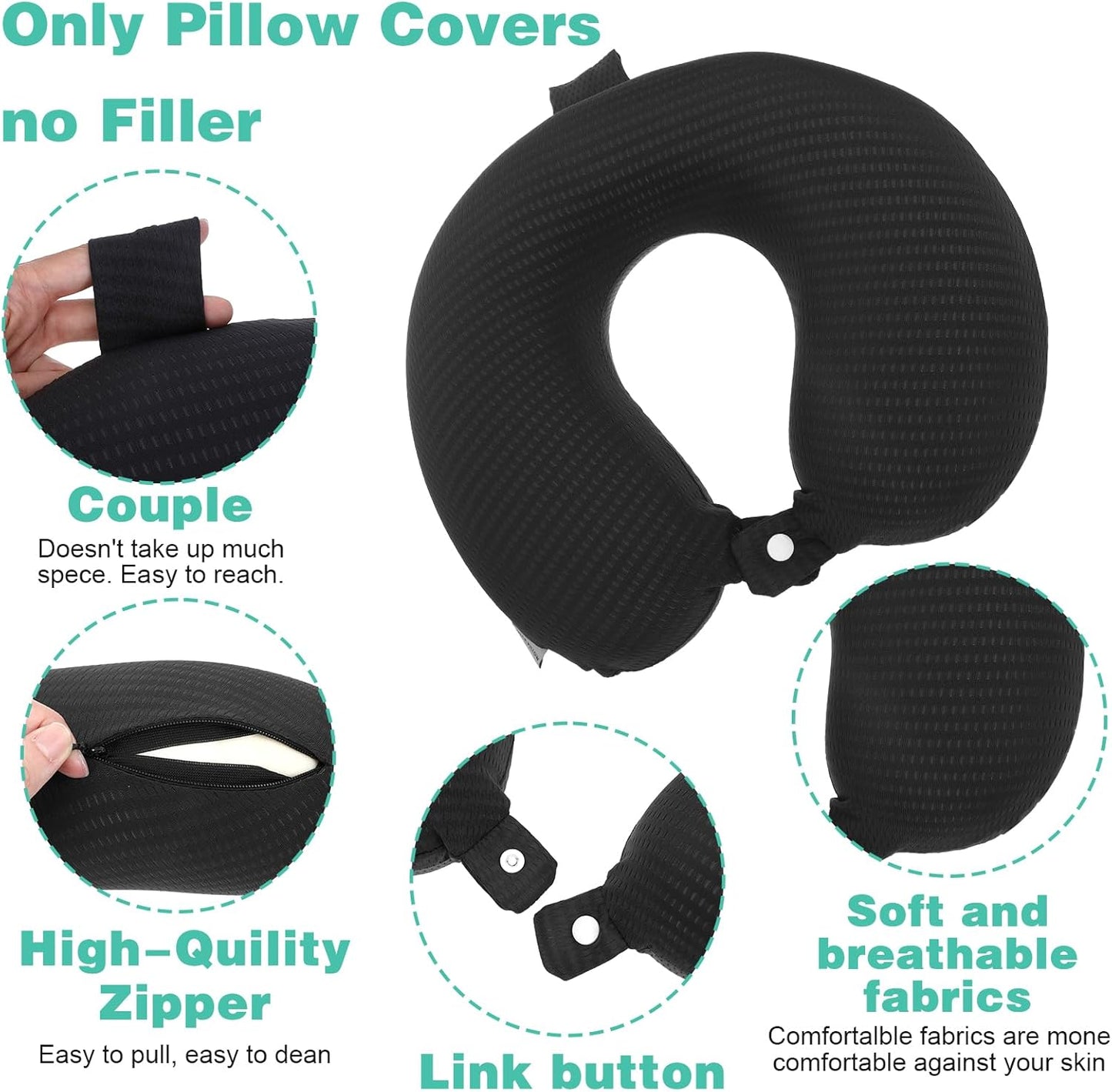2 Pcs Neck Pillow Covers with Zipper, Cooling U Shaped Travel Pillow Case Cover, Replacement Neck Pillows Case, Soft and Smooh Washable oft Airplane Pillows Covers, Black Grey(No Filler)