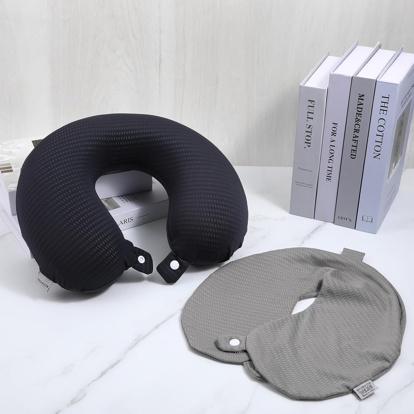 2 Pcs Neck Pillow Covers with Zipper, Cooling U Shaped Travel Pillow Case Cover, Replacement Neck Pillows Case, Soft and Smooh Washable oft Airplane Pillows Covers, Black Grey(No Filler)