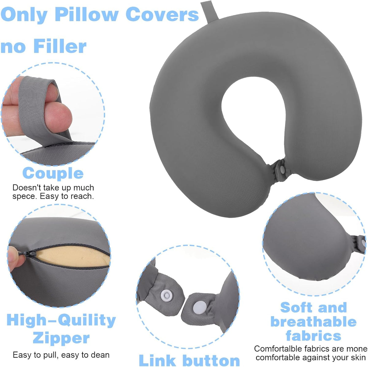 2 Pcs Neck Pillow Covers with Zipper, Cooling U Shaped Travel Pillow Case Cover, Replacement Neck Pillows Case, Soft and Smooh Washable oft Airplane Pillows Covers, Black Grey(No Filler)
