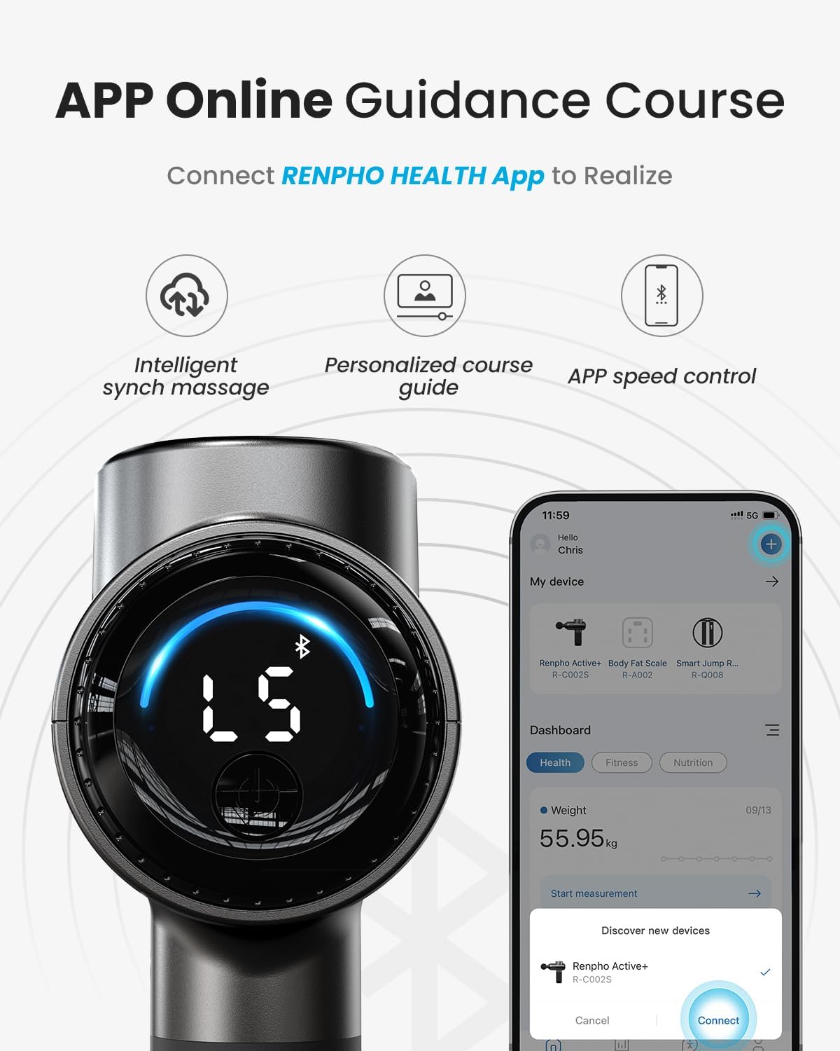 Active+ Thermacool Massage Gun with Heat & Cold, App Control with Video-Guided Courses, Deep Tissue Handheld Massager for Back and Neck, 5 Speeds, 5 Heads, Carry Case, Gifts for Men Women
