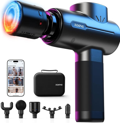Active+ Thermacool Massage Gun with Heat & Cold, App Control with Video-Guided Courses, Deep Tissue Handheld Massager for Back and Neck, 5 Speeds, 5 Heads, Carry Case, Gifts for Men Women